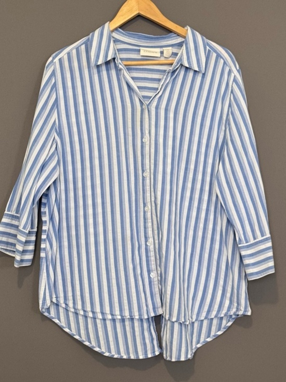 Chico’s Striped Cotton Oversized Button Down Blue White Preppy Coastal 3 / XL